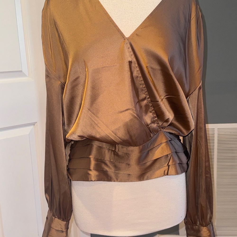 Express Satin V-Neck Balloon Sleeve Faux Wrap Top